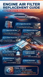 Pinterest style infographic showing step by step engine air filter replacement including opening the air box, cleaning debris, installing a new filter, and securing the housing