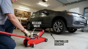 lowering vehicle safely using hydraulic car jack