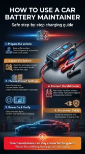 Pinterest style infographic showing step by step instructions for using a car battery maintainer including battery inspection, proper clamp connection, charging mode selection, and safe disconnection