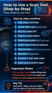 Step by step infographic showing how to use an OBD2 scan tool including reading codes, checking live data, and confirming repairs with a drive cycle
