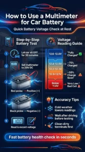 Pinterest style infographic showing how to test a car battery with a multimeter including voltage ranges, probe placement, and battery charge level guide