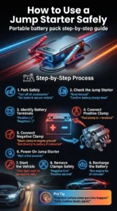 Pinterest style infographic showing how to safely use a portable jump starter with proper clamp connection order, engine starting steps, and battery safety tips