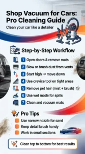 Step by step infographic showing how to vacuum a car interior using a shop vacuum including cleaning seats, vents, carpets, and removing pet hair effectively