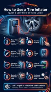 Pinterest infographic showing step by step instructions for using a tire inflator including attaching the chuck, setting PSI, inflating the tire, and checking pressure