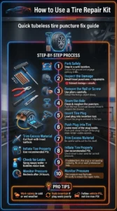 Step by step automotive infographic showing how to use a tubeless tire repair kit including plugging a puncture, inflating the tire, and checking for leaks