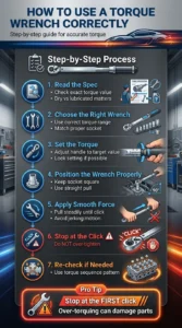 Step by step automotive infographic explaining how to properly use a torque wrench including setting torque values, applying smooth force, and stopping at the first click