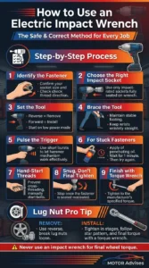 Pinterest-style infographic showing how to use an electric impact wrench safely, including socket selection, trigger control, lug nut installation, and final torque wrench tightening