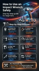 Step by step automotive infographic showing how to safely use an impact wrench including socket selection, torque settings, alignment, and tightening tips