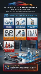 Automotive infographic showing essential hydraulic floor jack maintenance tools and supplies including oil, grease, seals, degreaser, jack stands, and repair tools
