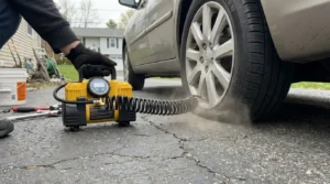 inflating car tire using portable tire inflator