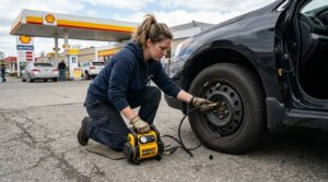 inflating car tires with air compressor to correct pressure