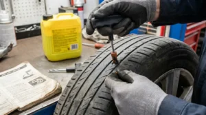 inflating repaired tire after using tire repair kit