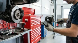 checking brake rotor condition during brake pad inspection