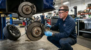 mechanic inspecting brakes for grinding noise problem