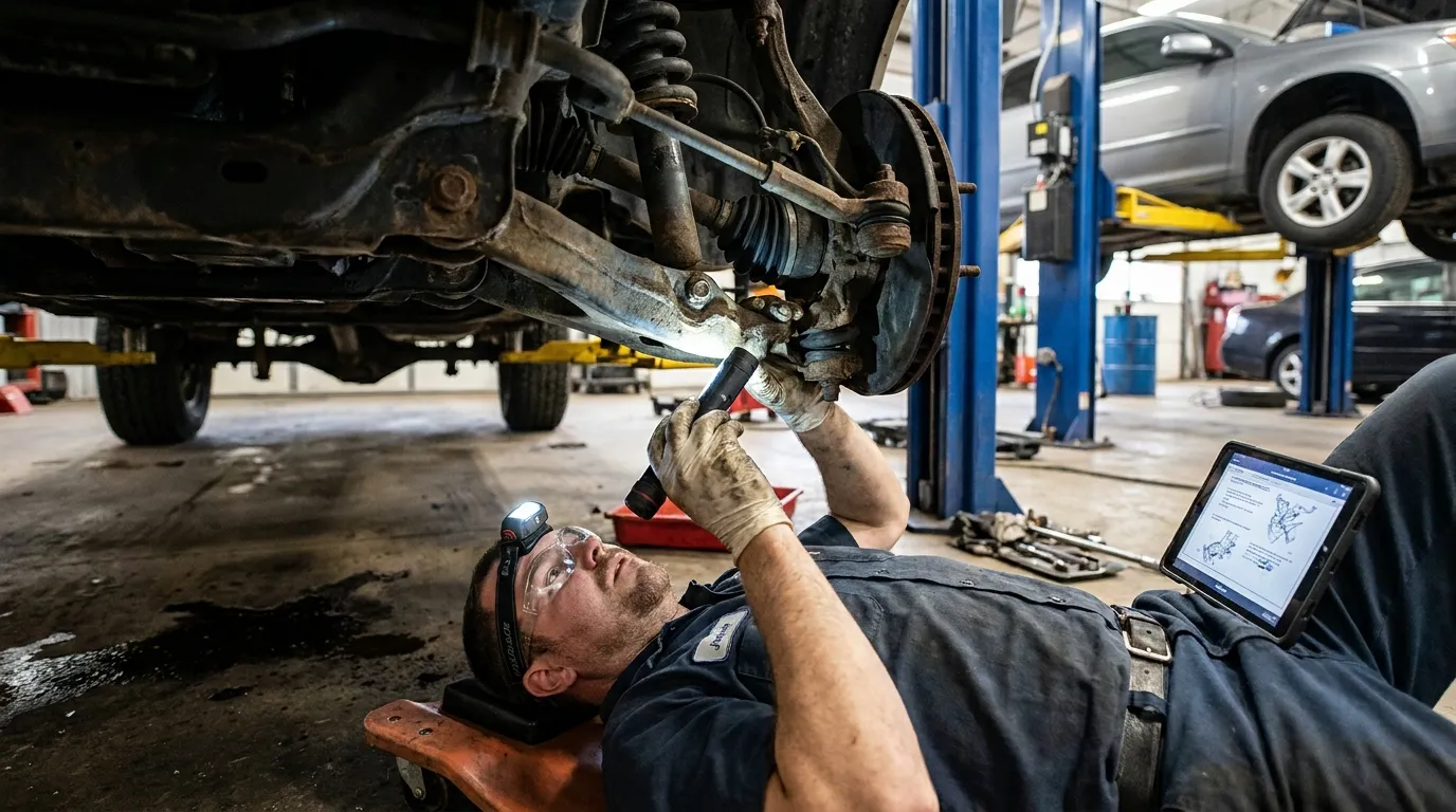 inspecting car suspension components for wear and damage