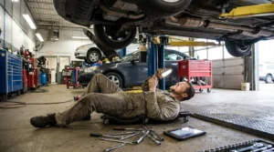 mechanic inspecting catalytic converter for replacement