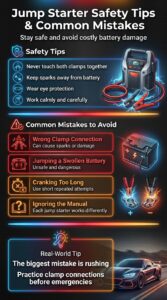 Automotive infographic showing jump starter safety tips and common mistakes including wrong clamp connections, swollen batteries, sparks, and over-cranking