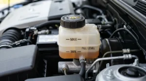 low brake fluid level below minimum mark in reservoir