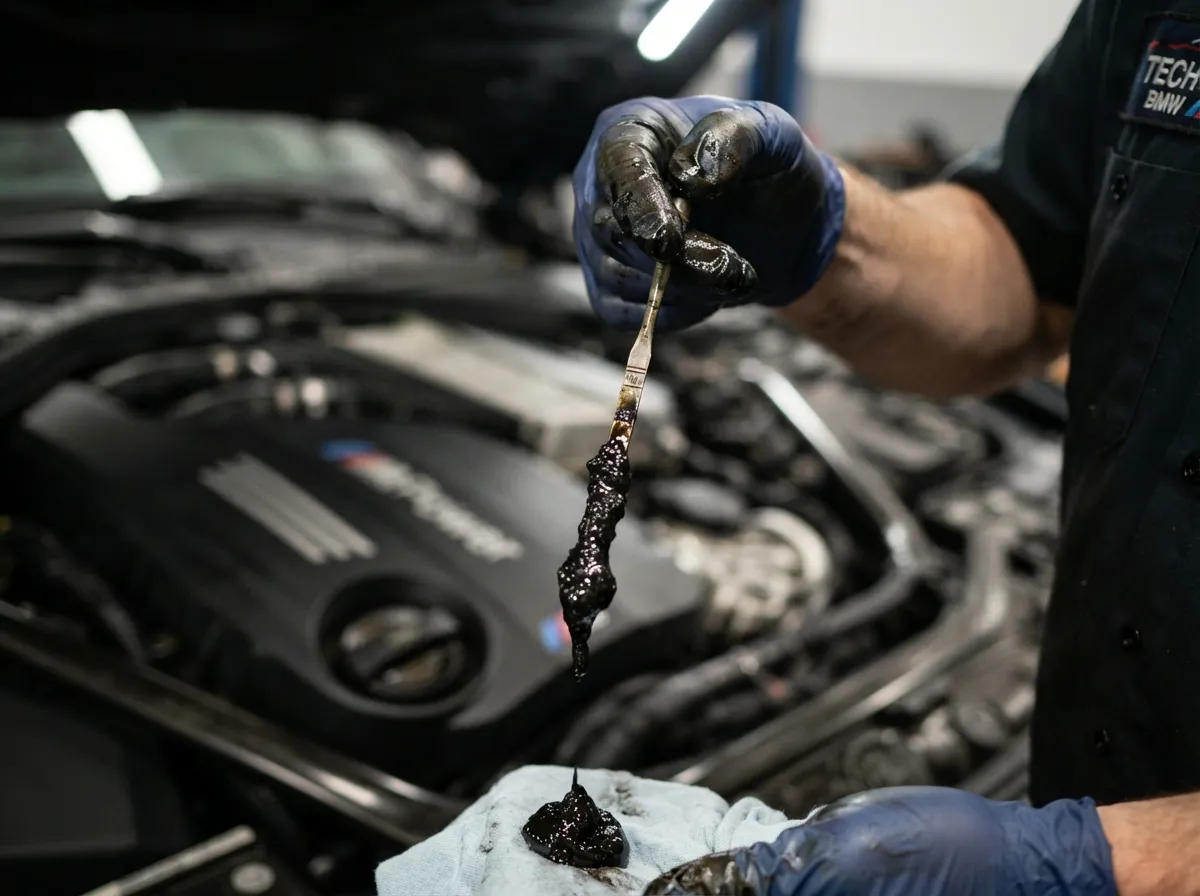 Mechanic holding dipstick showing thick dark engine oil sludge symptoms in a modern engine bay