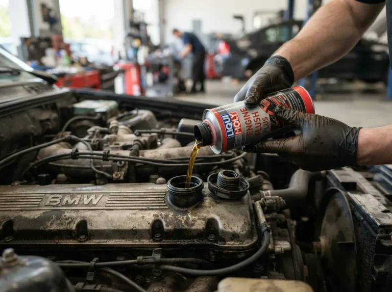 Mechanic pouring premium engine flush into a high-mileage car engine for safe cleaning