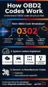Automotive infographic explaining OBD2 code structure including powertrain, body, chassis, and manufacturer specific trouble codes with example P0302