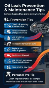 Automotive infographic showing oil leak prevention and engine maintenance tips including checking oil levels, inspecting leaks, replacing seals, and keeping the engine clean