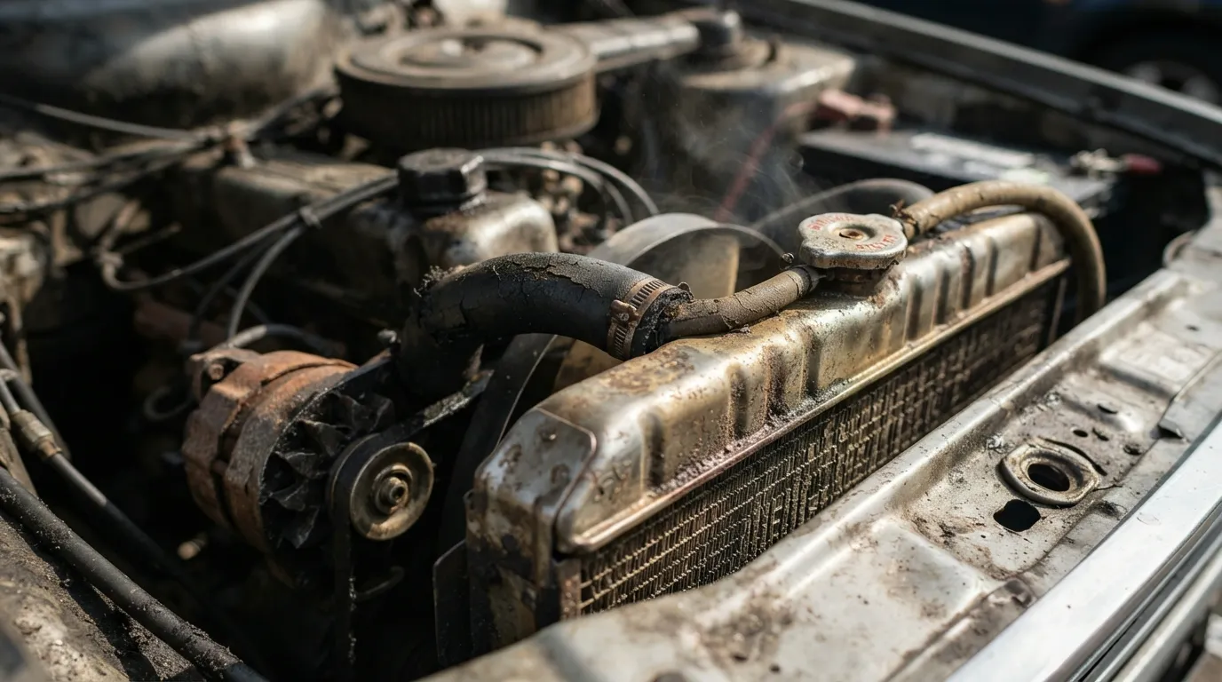 A mechanic installing a heavy-duty radiator with visible transmission cooler lines into the front end of a rugged American SUV or pickup truck. Professional garage setting, focused and competent atmosphere, realistic lighting, high detail, photorealistic, no text.