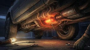 mechanic inspecting catalytic converter for replacement