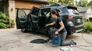 shop vacuum suction removing dirt from car carpet