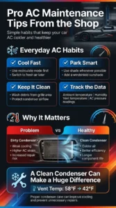 Automotive infographic showing professional car AC maintenance tips including recirculate mode use, parking in shade, condenser cleaning, and tracking AC performance data for better cooling efficiency