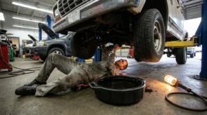 professional transmission fluid change process in garage