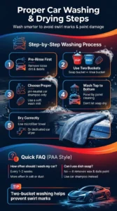 Infographic showing proper car washing and drying steps including two-bucket washing, pH-neutral shampoo use, microfiber drying, and swirl mark prevention tips