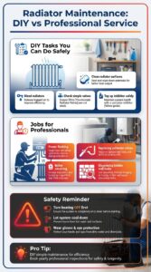 Infographic explaining which radiator maintenance tasks homeowners can do themselves and which jobs should be handled by professionals including safety precautions