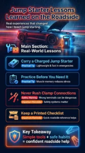 Pinterest style automotive infographic showing real-world roadside jump starter safety lessons including proper clamp connections, practice, and emergency preparedness