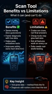 Infographic explaining the benefits and limitations of a car scan tool including faster diagnosis, cost savings, and limits like needing proper interpretation of codes