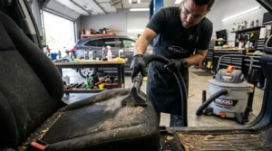 shop vacuum removing liquid spill from car floor