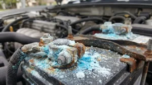 car battery terminal corrosion white and blue buildup