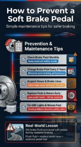 Automotive infographic showing maintenance tips to prevent a soft brake pedal including brake fluid changes, hose inspection, rotor replacement, and ABS warning checks