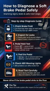 Automotive infographic showing how to diagnose a soft brake pedal including brake fluid checks, leak inspection, pedal tests, ABS warning lights, and safe road testing