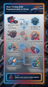 Automotive infographic showing the step-by-step timing belt replacement process including removing covers, aligning timing marks, replacing pulleys, and installing a new timing belt