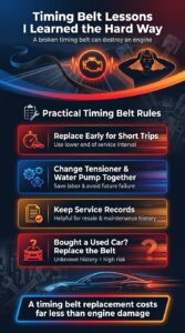 Automotive infographic explaining timing belt replacement lessons, maintenance tips, and why replacing the water pump and tensioner together helps prevent engine damage