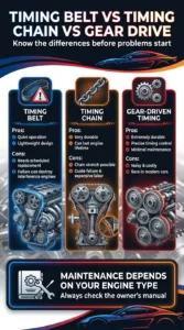 Automotive infographic comparing timing belt, timing chain, and gear-driven timing systems including durability, maintenance needs, and failure risks