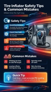 Infographic showing tire inflator safety tips including avoiding overinflation, checking cold tire PSI, securing power source, and preventing valve leaks