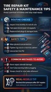 Automotive infographic showing tire repair kit maintenance tips, safety precautions, and common mistakes like sidewall repairs and incorrect tire pressure checks
