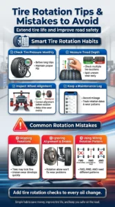 Pinterest-style automotive infographic showing tire rotation maintenance tips, tire pressure checks, tread depth inspection, alignment checks, and common tire rotation mistakes to avoid