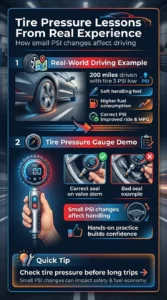 Pinterest-style automotive infographic showing real-world tire pressure experiences, fuel economy effects, and how to properly use a tire pressure gauge