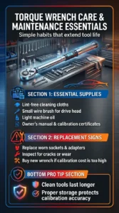 Automotive infographic showing torque wrench maintenance essentials including cleaning tools, machine oil, calibration documents, and replacement warning signs