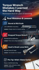 Infographic sharing real torque wrench mistakes including improper storage, dropping the wrench, and using it to loosen bolts along with maintenance tips and lessons learned
