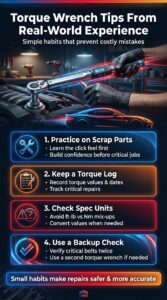 Automotive infographic showing real-world torque wrench tips including practicing on scrap parts, keeping torque logs, checking units, and double-checking critical bolts