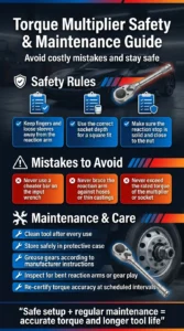 Automotive infographic showing torque multiplier safety rules, maintenance tips, and common mistakes to avoid when loosening or tightening heavy-duty lug nuts and fasteners